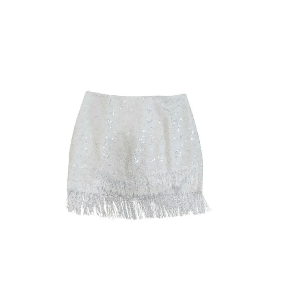 12th Tribe White Sequin Fringe Mini Skirt | Festival Party | Size M